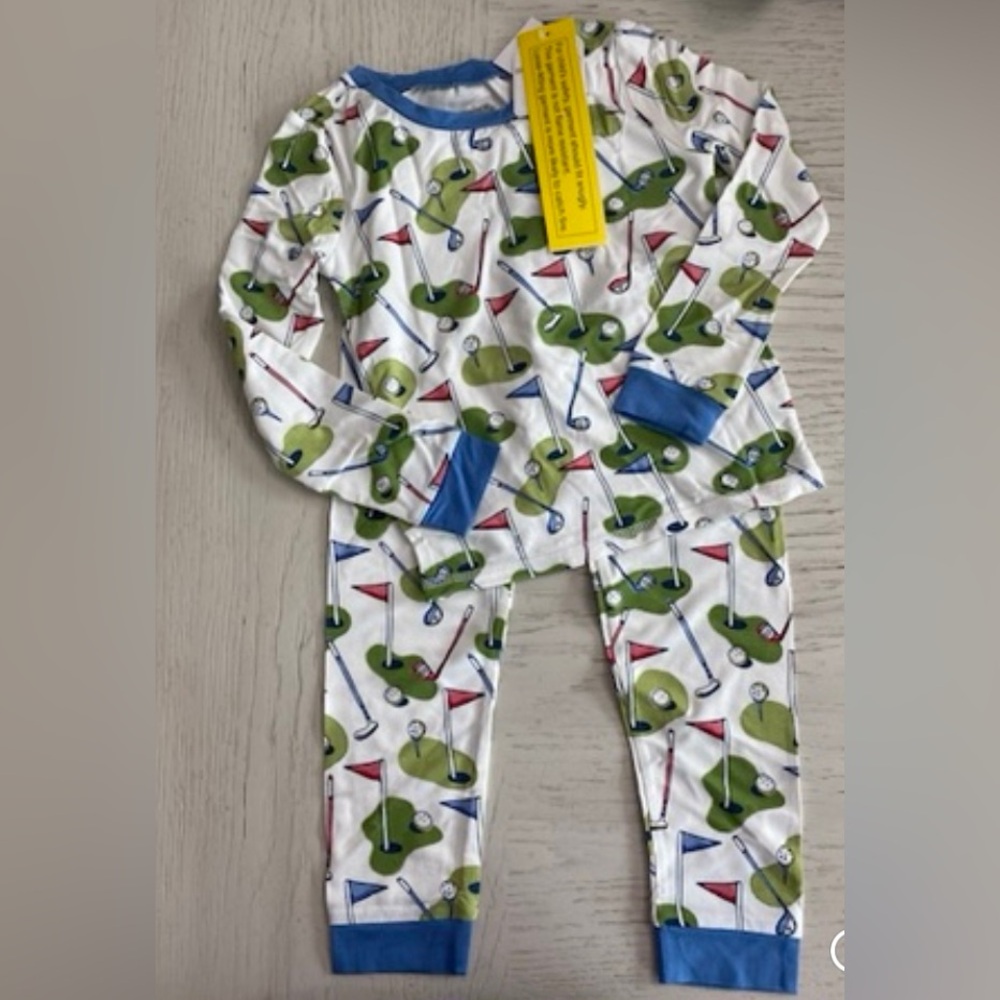 Mud Pie Toddler Boy’s White Green Bamboo Golf Sports Pajamas Long Sleeves Set 4T